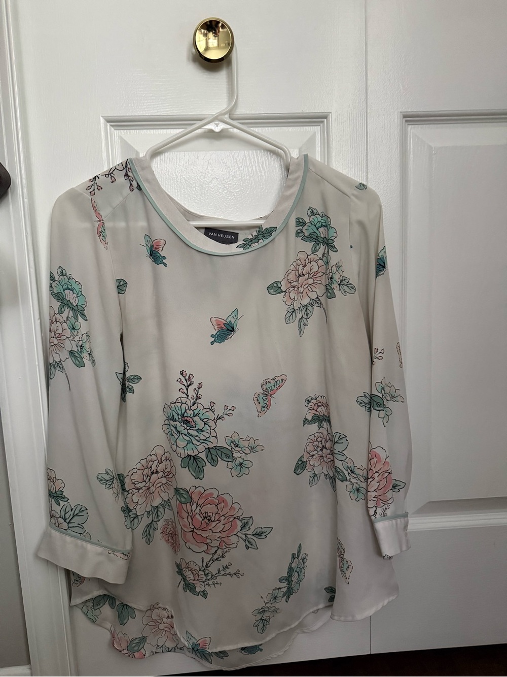 Van Heusen Cream Blouse with Pink and Teal Floral Print